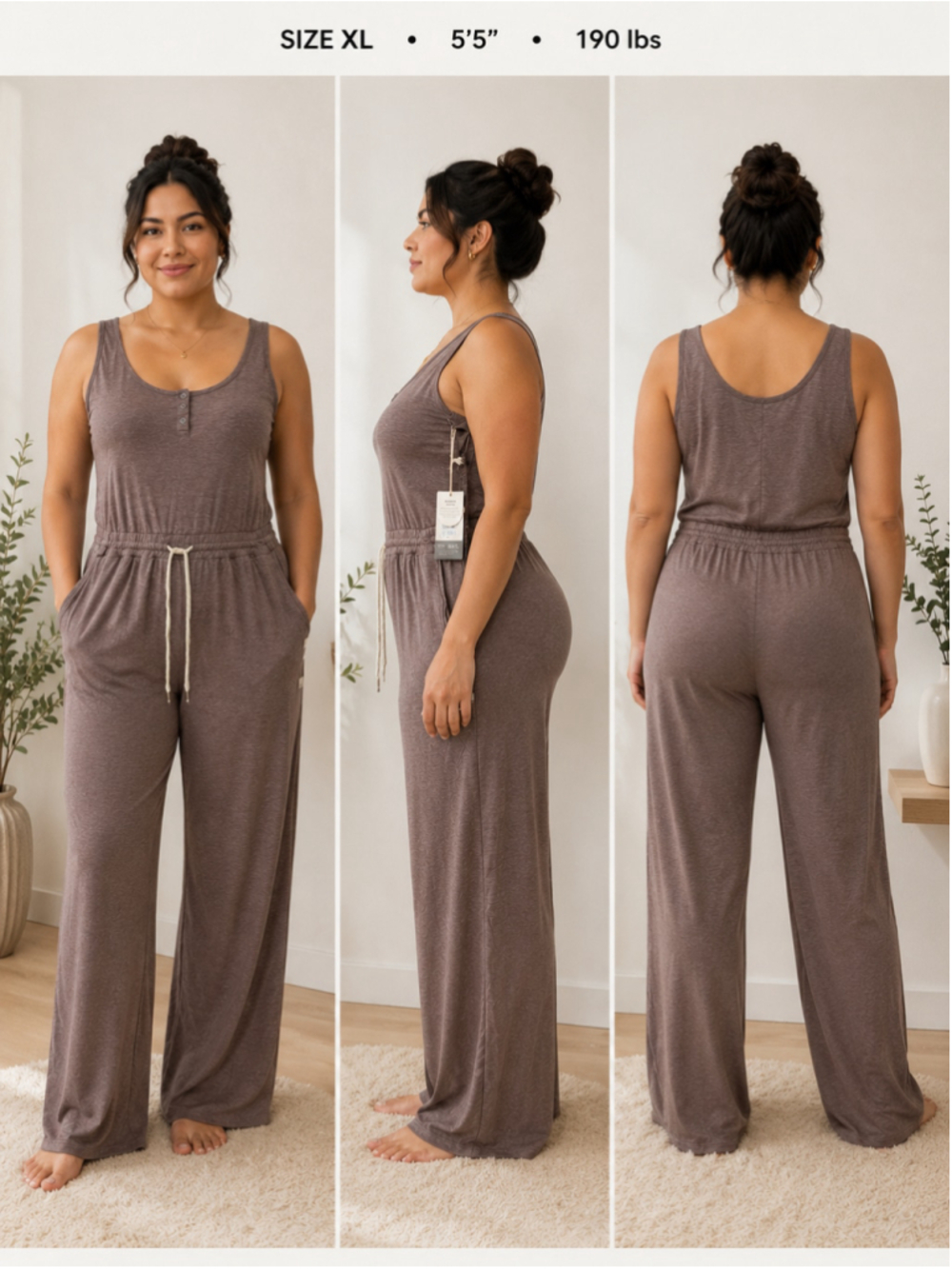 Vuori Pose Henley Jumpsuit Women’s XL Heathered Brown Sleeveless Wide Leg Pocket